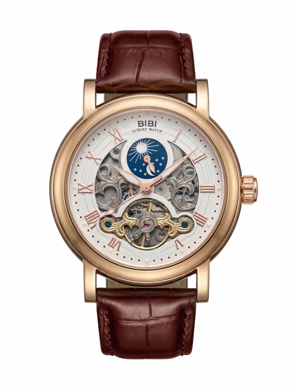 BiBi Rose Gold Skeleton Watch with Brown Leather Strap and Blue Moonphase